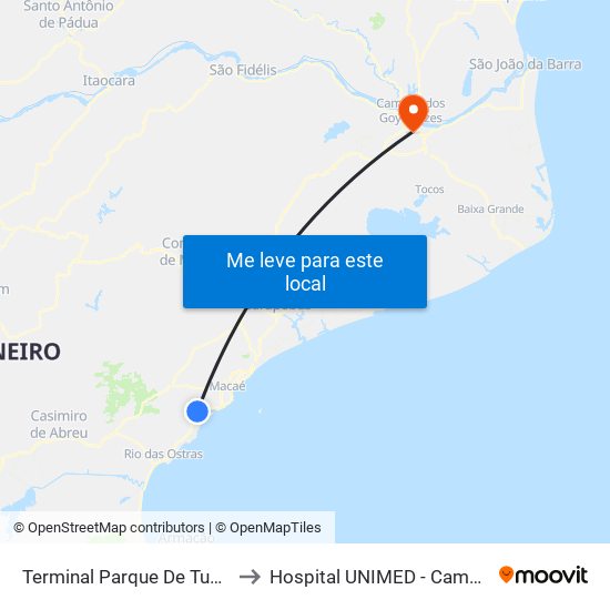 Terminal Parque De Tubos to Hospital UNIMED - Campos map