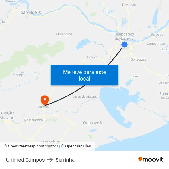 Unimed Campos to Serrinha map