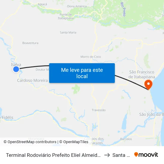 Terminal Rodoviário Prefeito Eliel Almeida Ribeiro (Italva) to Santa Clara map