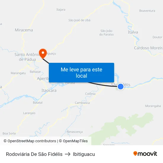 Rodoviária De São Fidélis to Ibitiguacu map
