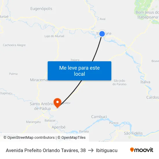 Avenida Prefeito Orlando Taváres, 38 to Ibitiguacu map