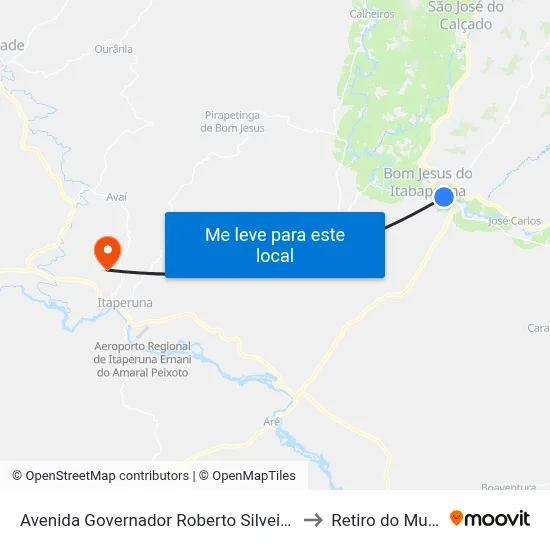 Avenida Governador Roberto Silveira, 133 to Retiro do Muriaé map