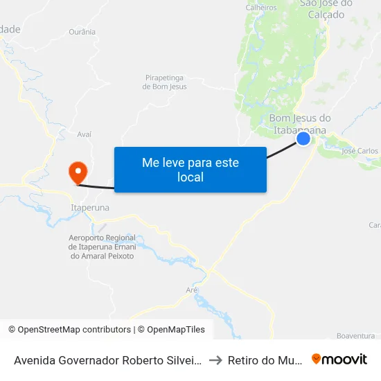 Avenida Governador Roberto Silveira, 61 to Retiro do Muriaé map