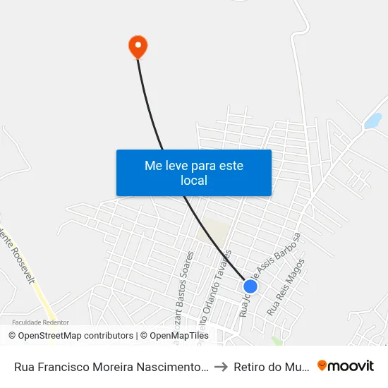 Rua Francisco Moreira Nascimento, 1108 to Retiro do Muriaé map
