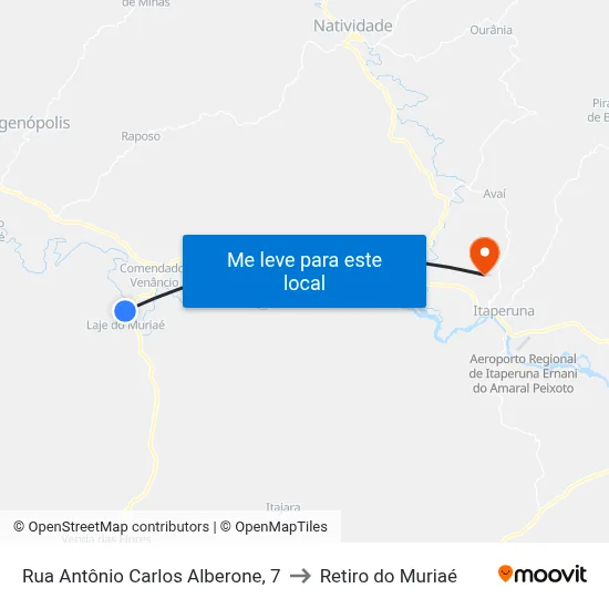 Rua Antônio Carlos Alberone, 7 to Retiro do Muriaé map