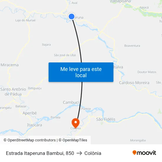 Estrada Itaperuna Bambui, 850 to Colônia map