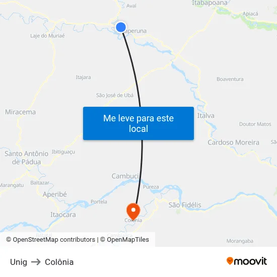 Unig to Colônia map