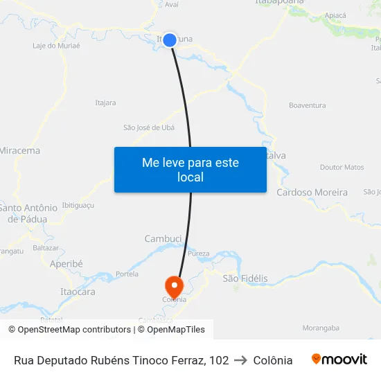 Rua Deputado Rubéns Tinoco Ferraz, 102 to Colônia map