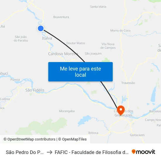 São Pedro Do Paraíso to FAFIC - Faculdade de Filosofia de Campos map