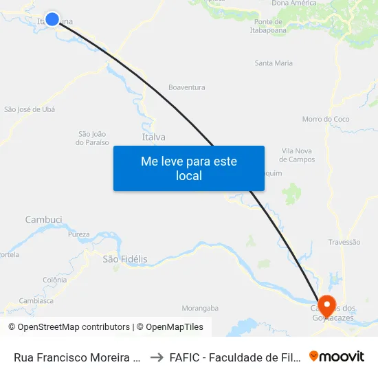 Rua Francisco Moreira Nascimento, 1108 to FAFIC - Faculdade de Filosofia de Campos map