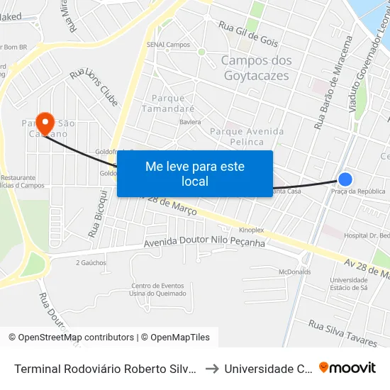 Terminal Rodoviário Roberto Silveira (Campos Dos Goytacazes) to Universidade Candido Mendes map