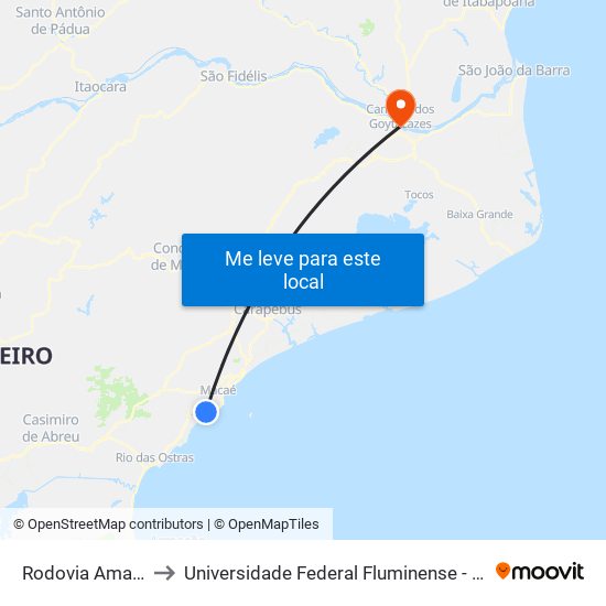 Rodovia Amaral Peixoto to Universidade Federal Fluminense - Uff - Campus Campos 2 map