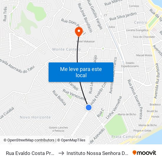 Rua Evaldo Costa Próximo Ao 400 to Instituto Nossa Senhora Da Glória - Castelo map