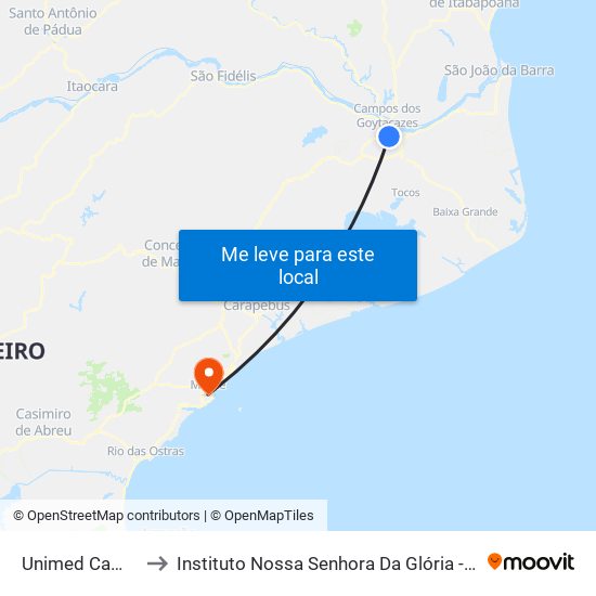 Unimed Campos to Instituto Nossa Senhora Da Glória - Castelo map