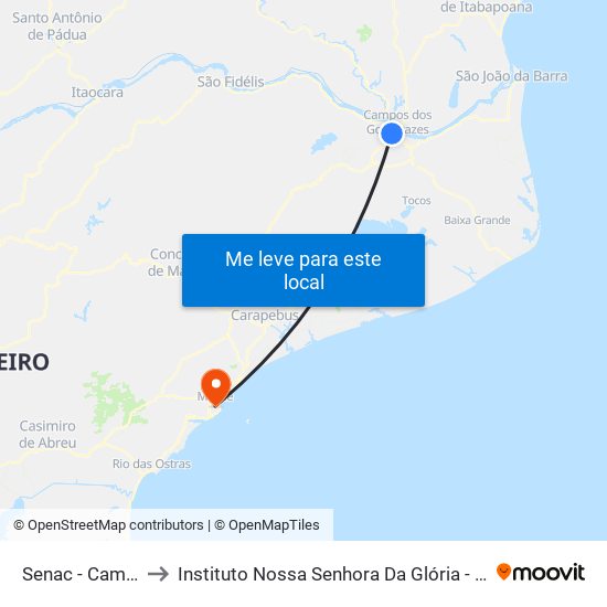 Senac - Campos to Instituto Nossa Senhora Da Glória - Castelo map