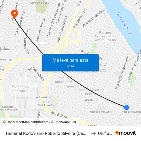 Terminal Rodoviário Roberto Silveira (Campos Dos Goytacazes) to Uniflu/Fafic map