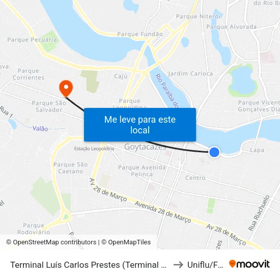 Terminal Luís Carlos Prestes (Terminal Beira-Rio) to Uniflu/Fafic map