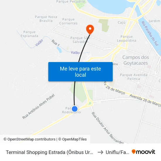 Terminal Shopping Estrada (Ônibus Urbano) to Uniflu/Fafic map