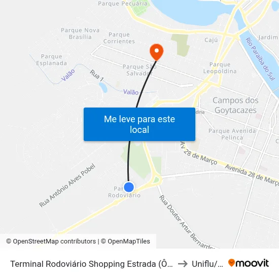 Terminal Rodoviário Shopping Estrada (Ônibus Rodoviário) to Uniflu/Fafic map