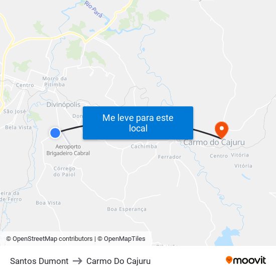 Santos Dumont to Carmo Do Cajuru map