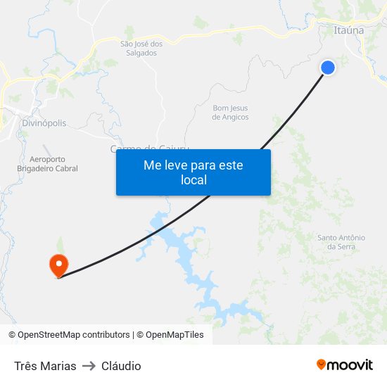 Três Marias to Cláudio map