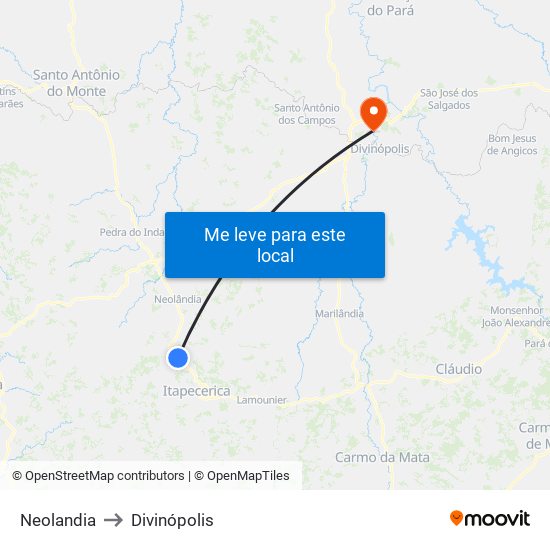 Neolandia to Divinópolis map