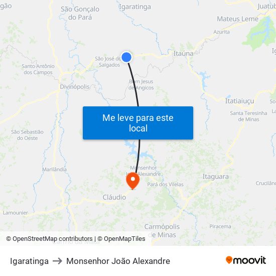 Igaratinga to Monsenhor João Alexandre map