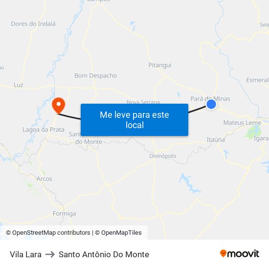 Vila Lara to Santo Antônio Do Monte map