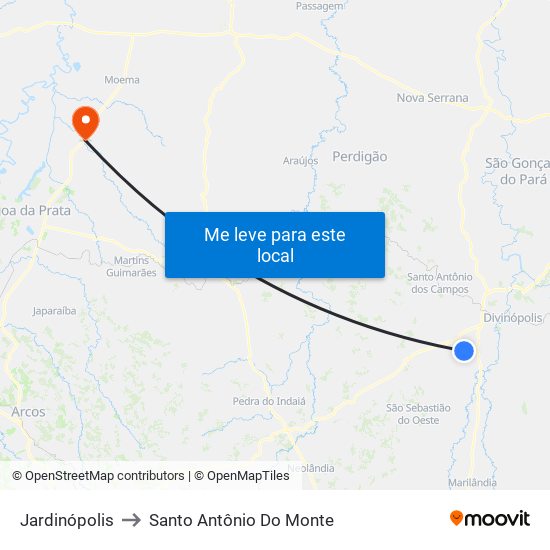 Jardinópolis to Santo Antônio Do Monte map