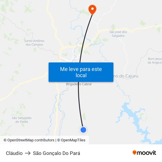 Cláudio to São Gonçalo Do Pará map