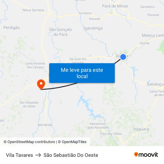 Vila Tavares to São Sebastião Do Oeste map