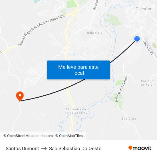 Santos Dumont to São Sebastião Do Oeste map