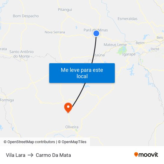 Vila Lara to Carmo Da Mata map