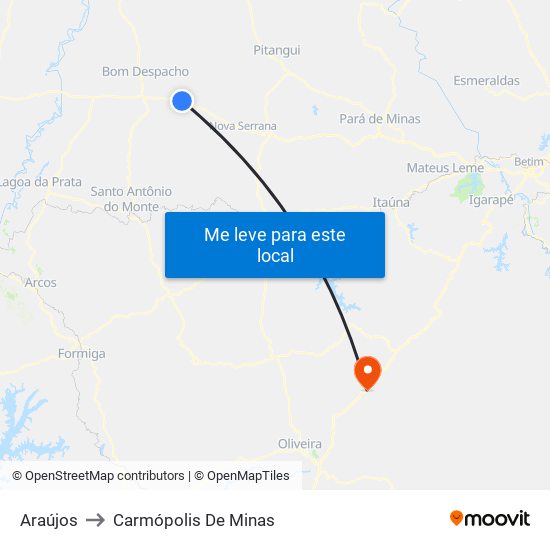 Araújos to Carmópolis De Minas map