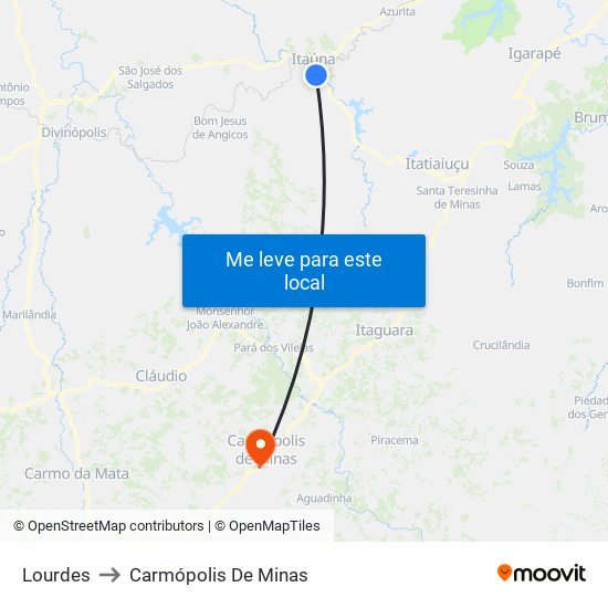 Lourdes to Carmópolis De Minas map