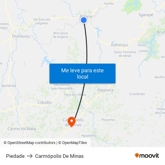 Piedade to Carmópolis De Minas map