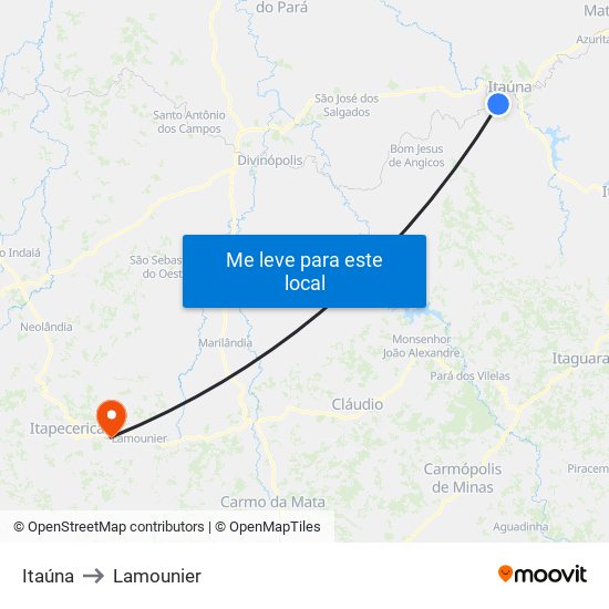 Itaúna to Lamounier map