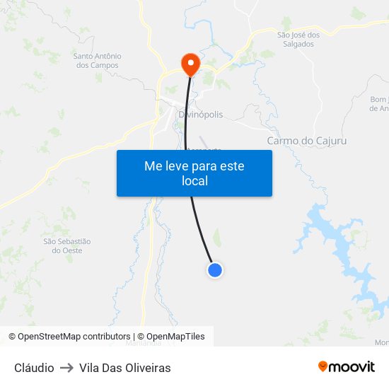 Cláudio to Vila Das Oliveiras map