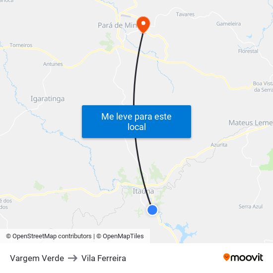 Vargem Verde to Vila Ferreira map