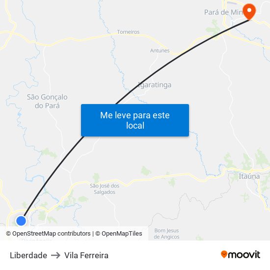 Liberdade to Vila Ferreira map