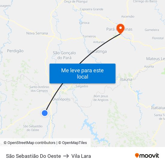 São Sebastião Do Oeste to Vila Lara map