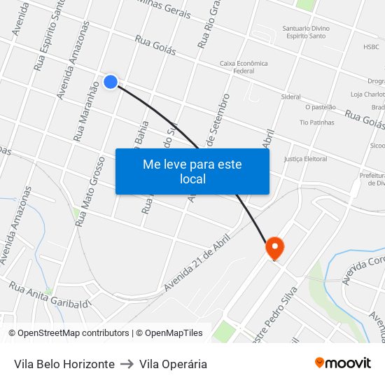 Vila Belo Horizonte to Vila Operária map