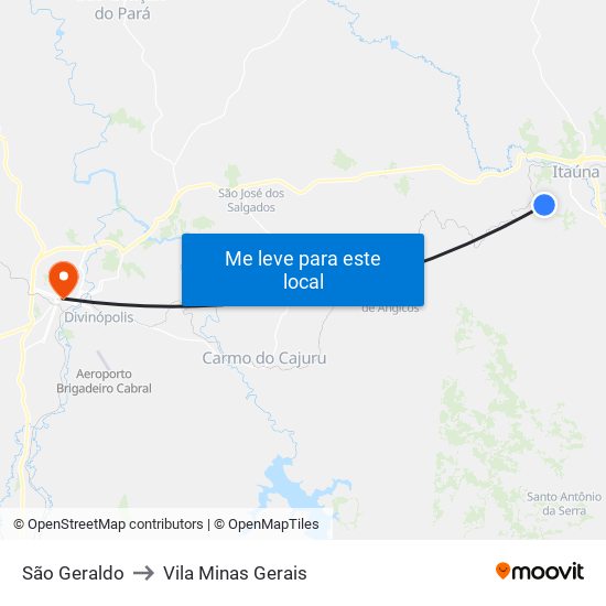 São Geraldo to Vila Minas Gerais map