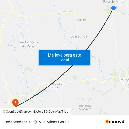 Independência to Vila Minas Gerais map