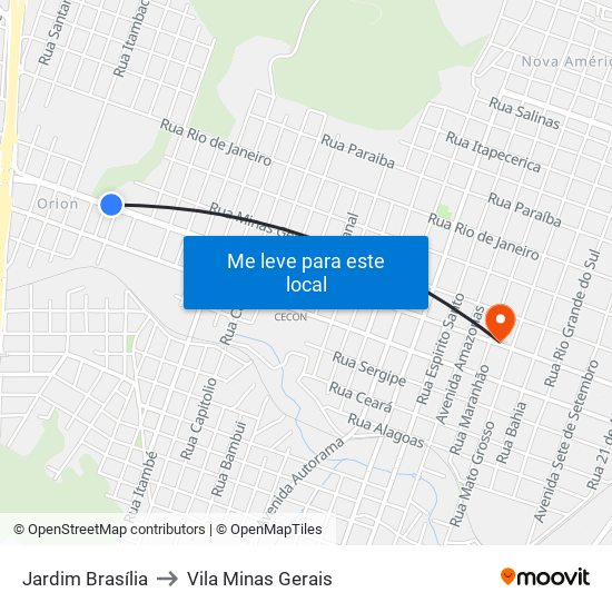 Jardim Brasília to Vila Minas Gerais map