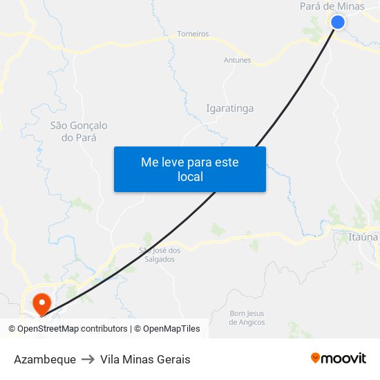 Azambeque to Vila Minas Gerais map