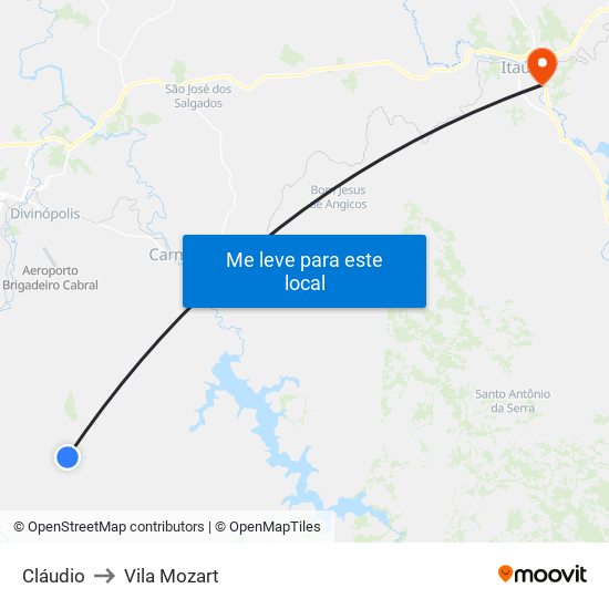Cláudio to Vila Mozart map