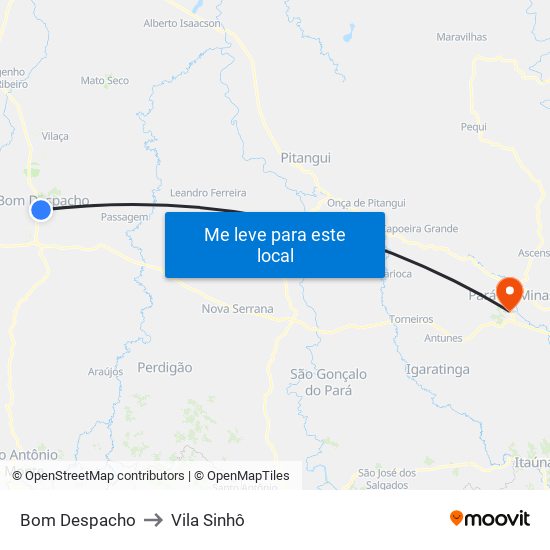 Bom Despacho to Vila Sinhô map