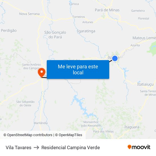 Vila Tavares to Residencial Campina Verde map