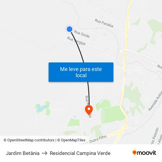 Jardim Betânia to Residencial Campina Verde map